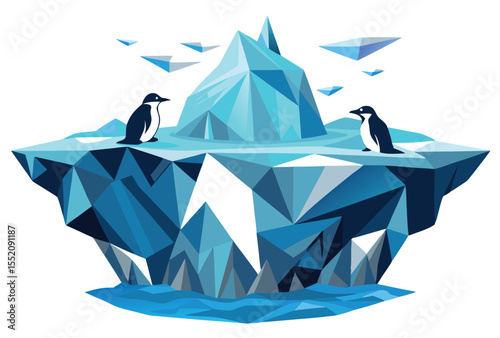 Low Poly Iceberg and Penguin Group Vector Geometric Polygonal Style Icon Illustration