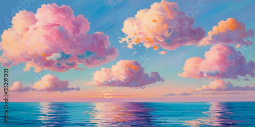 Serene seascape at sunset with vibrant pink and orange clouds reflecting on calm blue waters

