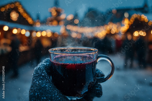 Holding a steaming glass of mulled wine at a winter market adorned with twinkling lights and gentle snowfall