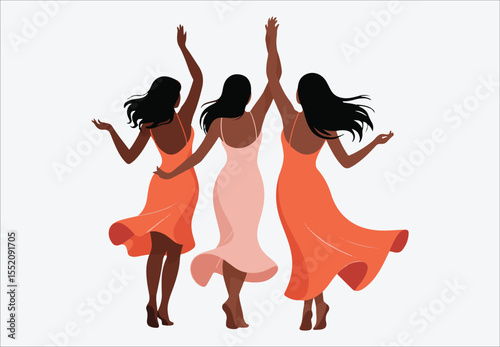 Three diverse women in flowing dresses walking together embracing friendship and unity