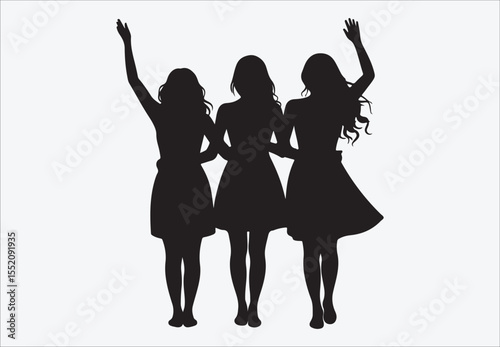 Three diverse women in flowing dresses walking together embracing friendship and unity, silhouettes of dancing girls