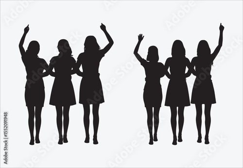 Three diverse women in flowing dresses walking together embracing friendship and unity, silhouettes of dancing girls