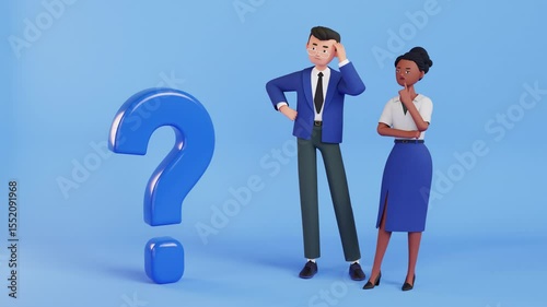 Woman and man character thinking, 3d render animation. uncertainty, question, no solution concept. hopelessness, despair. puzzled, confused person motion design. blue question marks