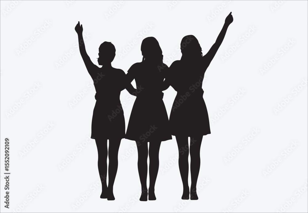 Fototapeta premium Three diverse women in flowing dresses walking together embracing friendship and unity, silhouettes of dancing girls