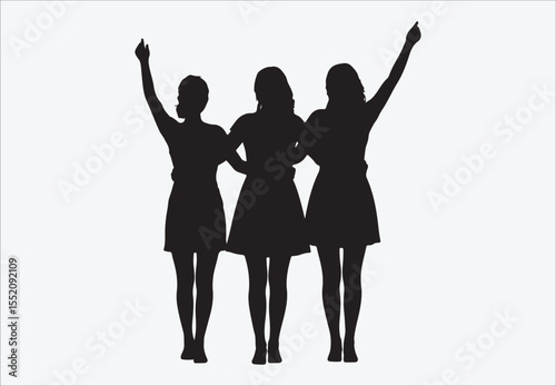 Three diverse women in flowing dresses walking together embracing friendship and unity, silhouettes of dancing girls