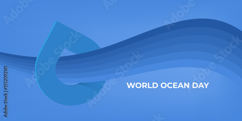 World OCEAN Day Simple Blue Drop Illustration on Light blue water Background for Environmental Awareness and Sustainable Resource Use. World ocean day banner design template