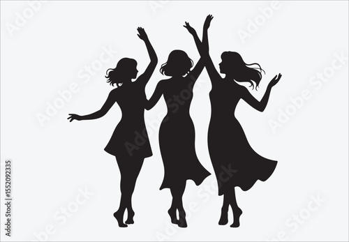 Three diverse women in flowing dresses walking together embracing friendship and unity, silhouettes of dancing girls