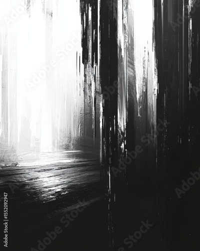 Abstract black and white vertical streaks in a modern art style