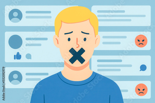 A man with a black X over his mouth stands against a backdrop of social media comments and angry reactions, symbolizing cancel culture.