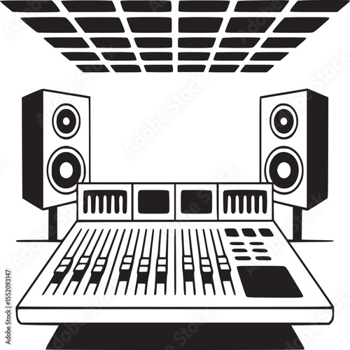 Illustration of a mixing console with speakers and acoustic panel in black and white