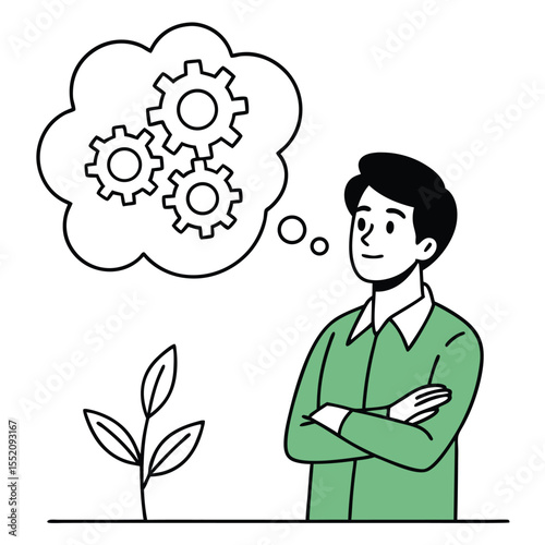 Young man wearing a green shirt imagines gears above a small plant's growth