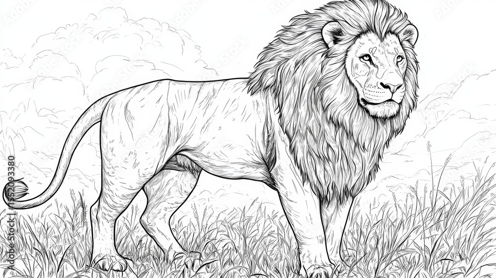 Fototapeta premium Majestic lion standing tall open savanna coloring page natural habitat eye-level view detailed artwork for kids