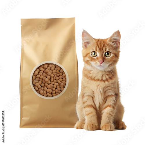 Adorable ginger kitten sitting next to a bag of dry cat food on a transparent background Concept of pet care, nutrition, and domestic animals