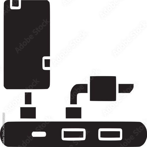 A black and white illustration of a device with multiple ports and connected accessories