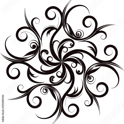 An abstract floral vector design, featuring ornate swirls, leaves, and a vintage black silhouette pattern, perfect for decorative elements and illustrations