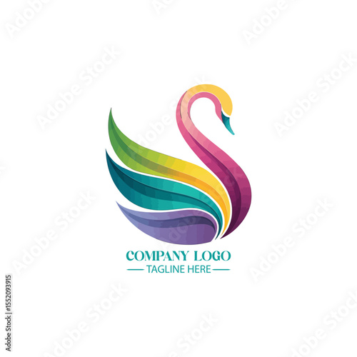 Elegance of Swan: A captivating logo design features a graceful swan, its form composed of vibrant, multicolored layers. A modern minimalist illustration, perfect for business branding.
