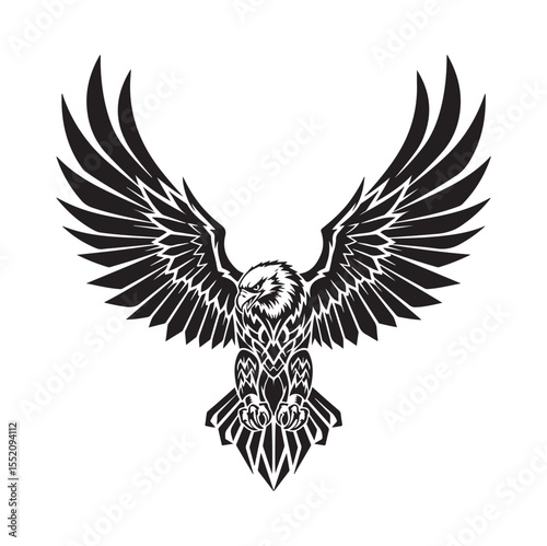 Stylized Eagle with Spread Wings in Tribal Tattoo Style. Vector Mascot Illustration.