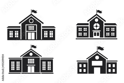Education institute school building silhouette black vector icons set

