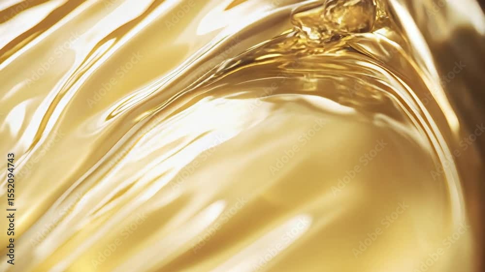 Golden liquid flowing smoothly creates abstract shapes, with its viscous nature and reflective surface capturing light and creating mesmerizing patterns