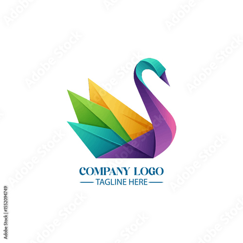 Geometric Swan Logo Design: A vibrant and modern swan logo design featuring sharp, geometric shapes and a colorful gradient palette. Emphasizing elegance and creativity in branding.
