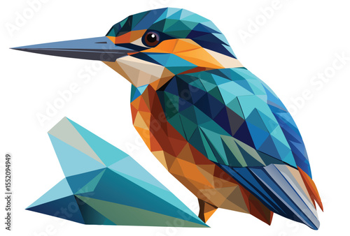 Kingfisher Low Poly Vector Illustration, Geometric Polygonal Bird Icon Design