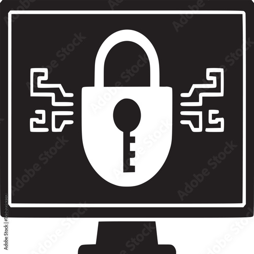 A black and white illustration of a computer monitor with a padlock on the screen icon