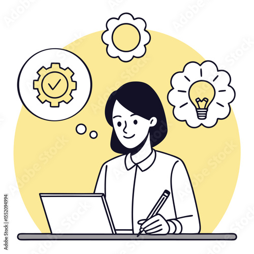 Young woman works at computer with creative ideas and thinking is on a transparent background