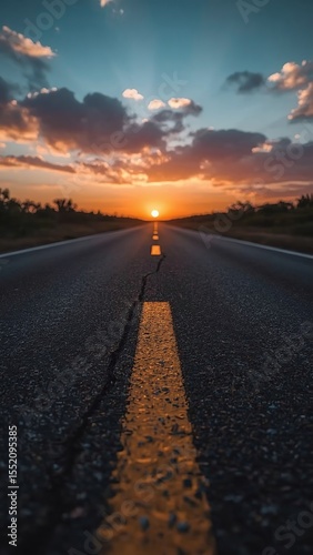 Sun-kissed asphalt stretches toward the horizon, a straight rural road under a vast, cloud-streaked sky at sunset