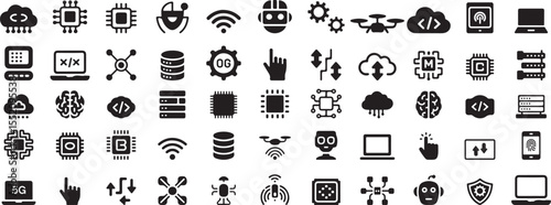 Black Technology Icons Set Data Cloud Computing 