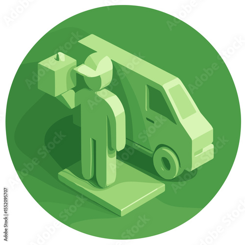 3D isometric delivery person with package and van, icon style, green monochrome, eco-friendly logistics concept
