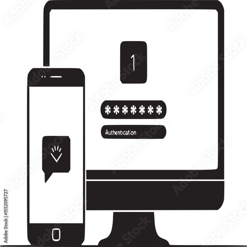 Authentication process shown on computer screen and mobile phone with green elements and black lines