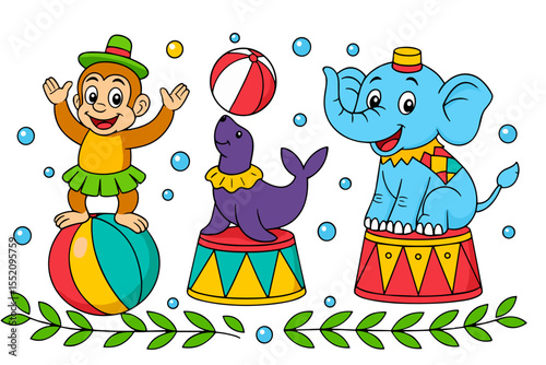 Cartoon circus animals performing tricks with monkey, seal, and elephant, colorful vector style, playful mood for Circus Day concept