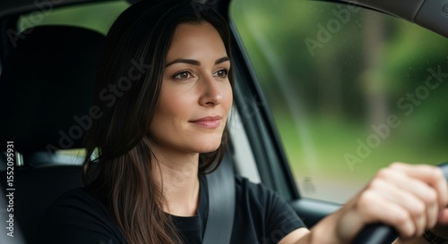 Close-up of a calm woman with long, dark hair, wearing a seatbelt, looking focused while driving a car, with blurred greenery outside.