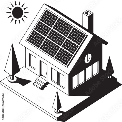 Isometric illustration of a house with solar panels under the sun and trees in black and white