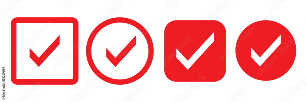 Red check mark icon. Verified badge, verification symbol set. Check mark illustration on white background. Red check mark icon and Approved, Accept icon. vector illustration. Red check mark icon. Verified badge, verification symbol set. Check mark illustration on white background. Red check mark icon and Approved, Accept icon. vector illustration.