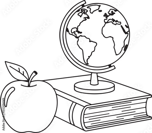 Global education concept with apple, books, and a world map on a white background