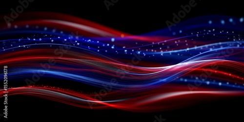 Dynamic abstract illustration of the American flag in motion, featuring flowing red, white, and blue waves on a dark background