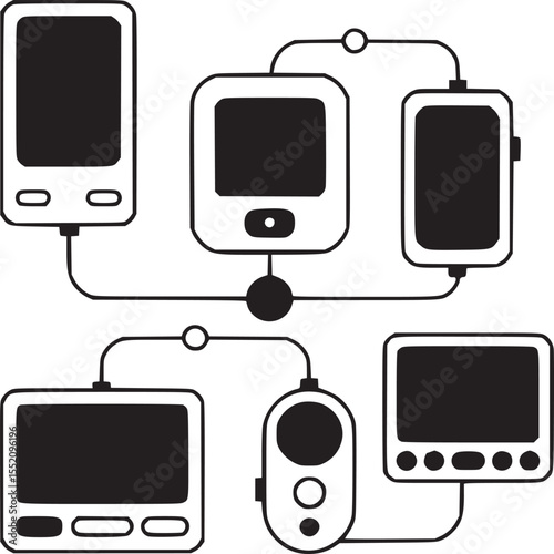 Black and white illustration of connected devices forming a network communication system