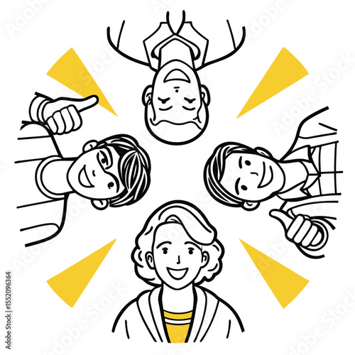 Diverse people smiling and pointing towards the center, showcasing teamwork with transparent background