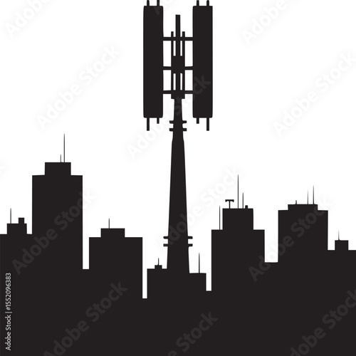 Silhouette of a cityscape with buildings and a cell tower against a white background view