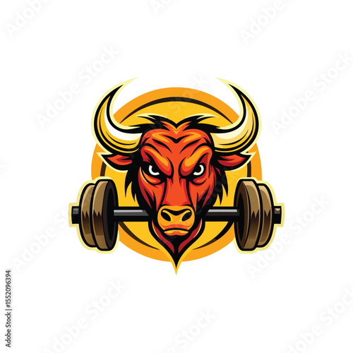 Modern bull head with barbell horns logo design, strong power gym emblem, fitness brand icon, aggressive sports vector, bodybuilding, strength training, athletic, muscle, workout symbol.