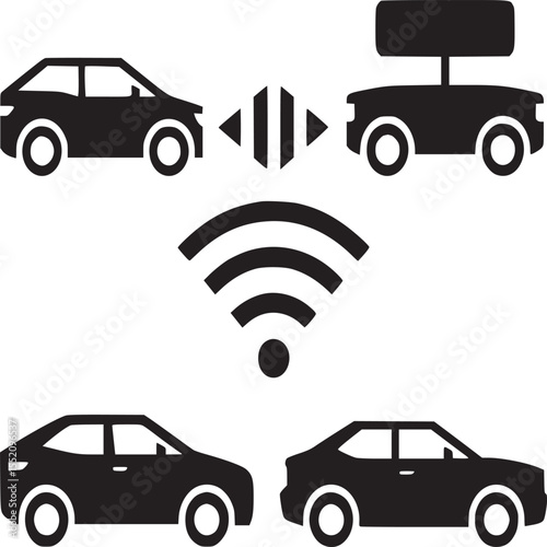 A black and white graphic depicting four cars and a wifi symbol on a white background image