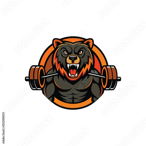 Minimal roaring bear logo lifting weights, gym fitness emblem, strong animal mascot design, workout strength icon, bold bear gym logo vector illustration