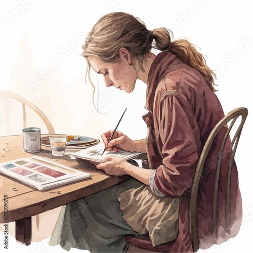 Realistic vector of a woman painting with watercolors at a table, surrounded by warm light. Calm mood, self-expression, watercolor and charcoal textures.