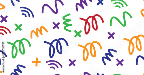 Seamless colorful abstract pattern with playful squiggles, crosses, and curve symbols on a white background. Perfect for kids’ designs, party  modern packaging, or fun creative projects.