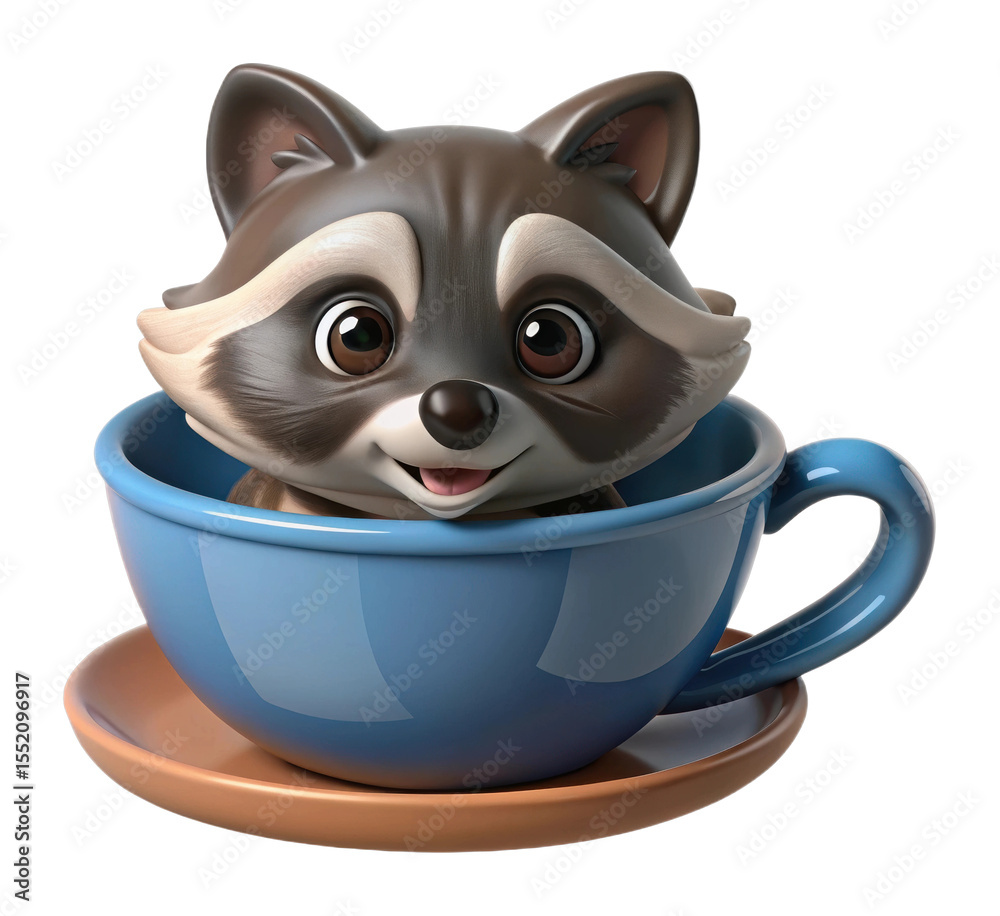 Cute cartoon raccoon in a blue tea cup whimsical art indoor setting playful perspective Cute cartoon raccoon in a blue tea cup whimsical art indoor setting playful perspective