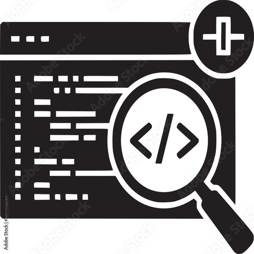 Black and white illustration of code window with magnifying glass and plus sign icon element