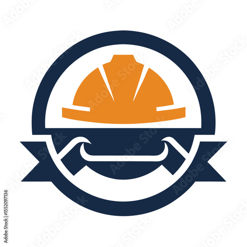 Isolated orange hardhat within blue ribbon emblem shows protection clearly