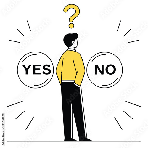 Hesitant man faces difficult decision with floating question mark and yes or no choices