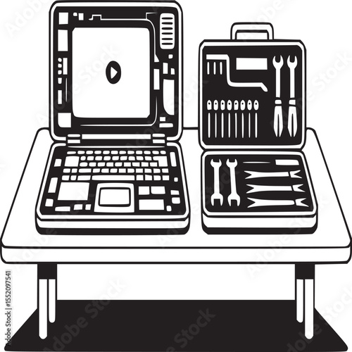 Black and white graphic of a laptop and a toolbox on a table in a minimalist style art